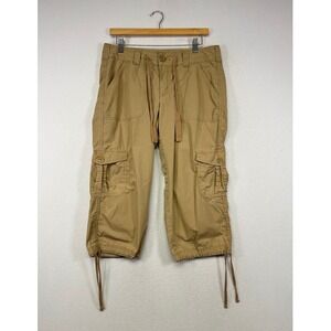 Gorpcore Thre3 Women Size 10 Tan Cotton Cargo Capri Pants Drawstring Utilitarian
